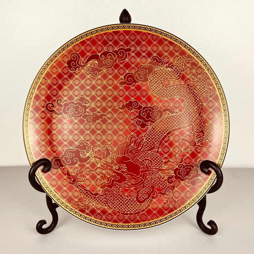 Williams Sonoma Lunar Dinner Plates SET OF 4 Dragon Red Gold 10 3/4
